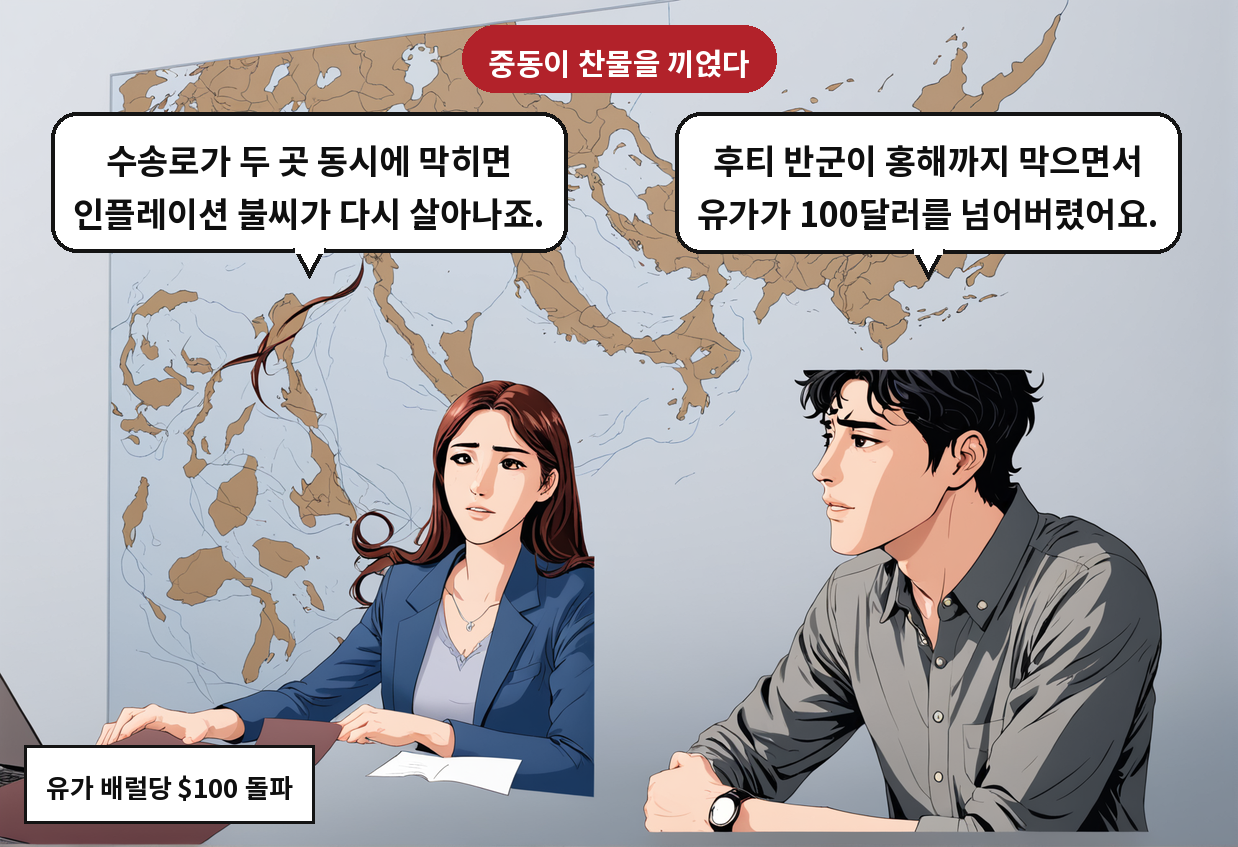 A: 후티 반군이 홍해까지 막으면서 유가가 100달러를 넘어버렸어요. B: 수송로가 두 곳 동시에 막히면 인플레이션 불씨가 다시 살아나죠.