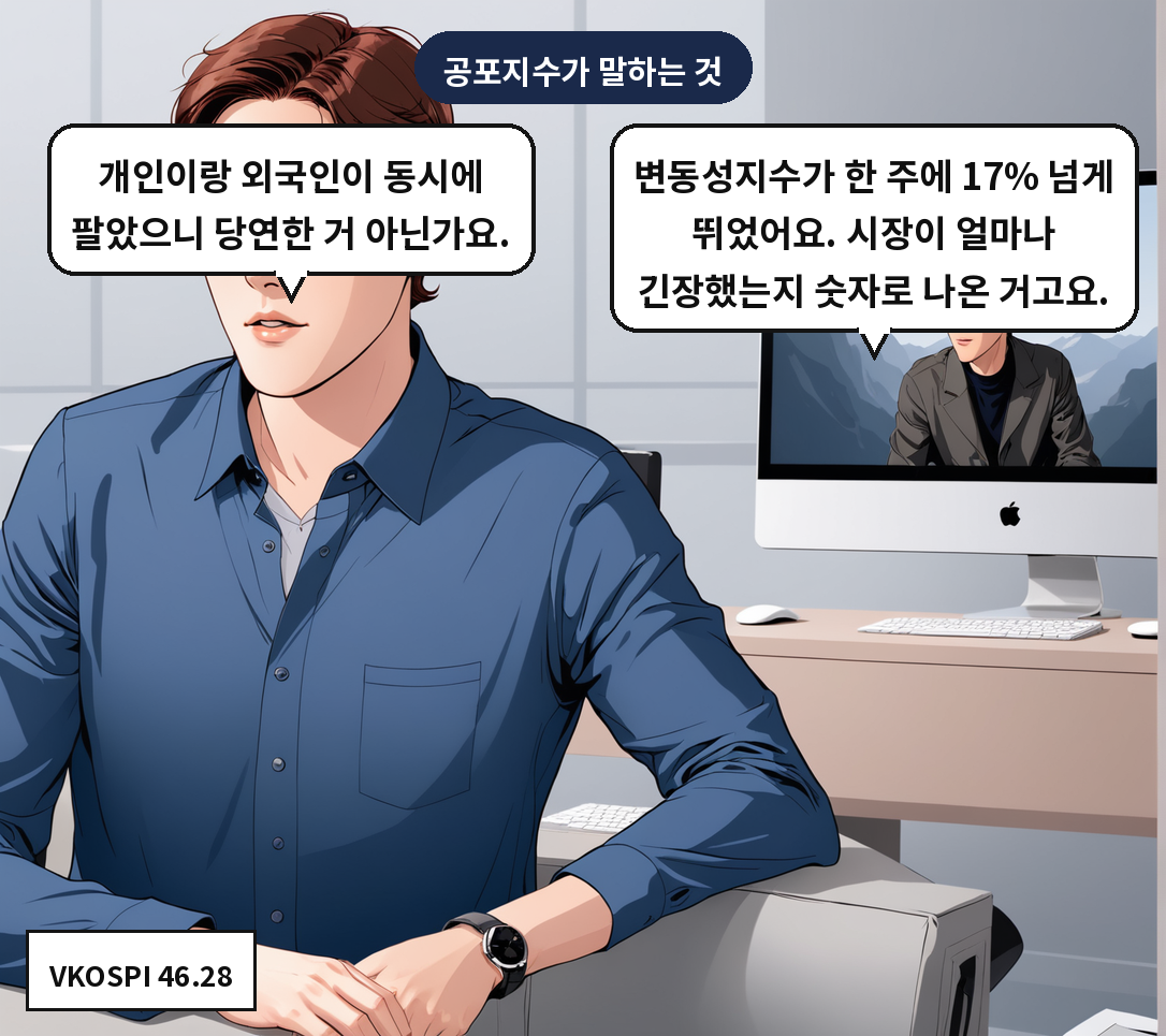 B: 변동성지수가 한 주에 17% 넘게 뛰었어요. 시장이 얼마나 긴장했는지 숫자로 나온 거고요. A: 개인이랑 외국인이 동시에 팔았으니 당연한 거 아닌가요.