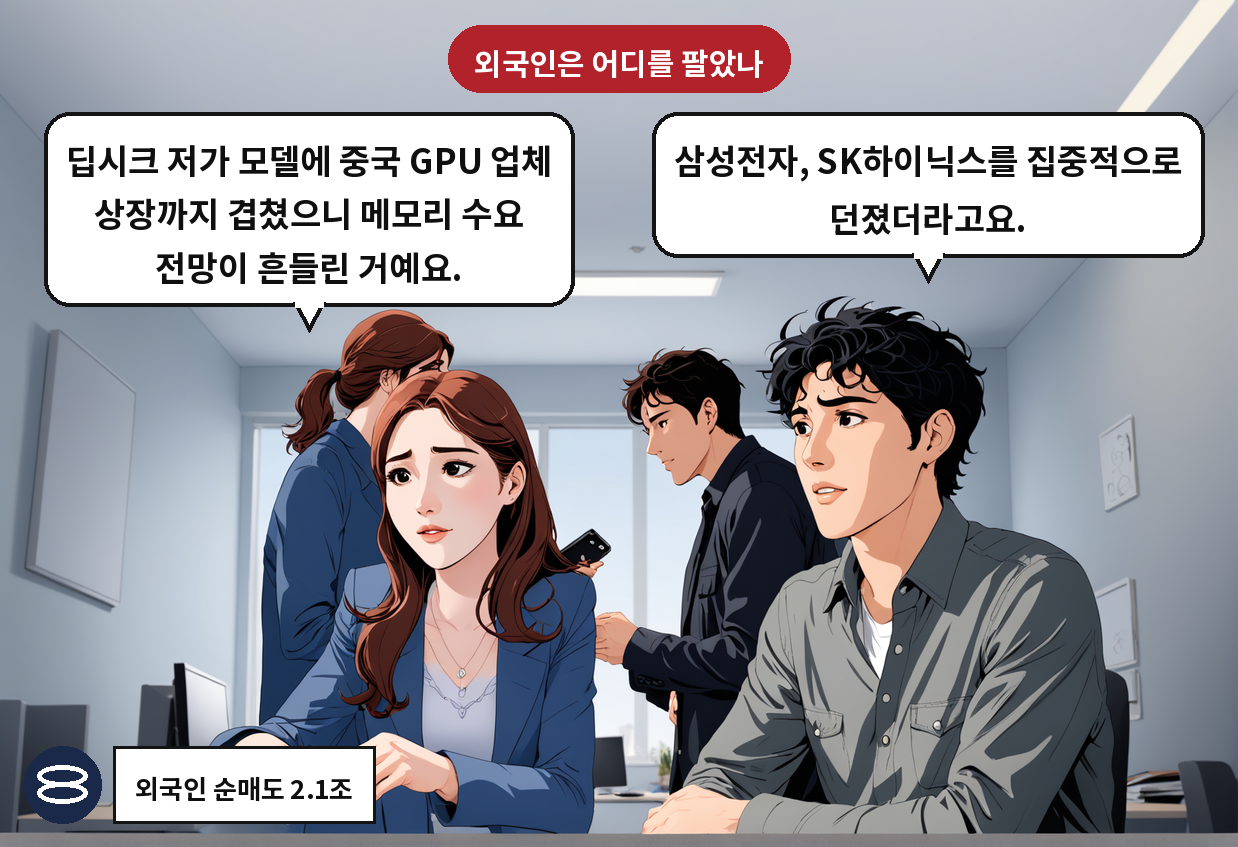 A: 삼성전자, SK하이닉스를 집중적으로 던졌더라고요. B: 딥시크 저가 모델에 중국 GPU 업체 상장까지 겹쳤으니 메모리 수요 전망이 흔들린 거예요.