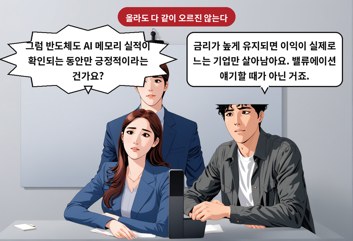 B: 금리가 높게 유지되면 이익이 실제로 느는 기업만 살아남아요. 밸류에이션 얘기할 때가 아닌 거죠. A: 그럼 반도체도 AI 메모리 실적이 확인되는 동안만 긍정적이라는 건가요?