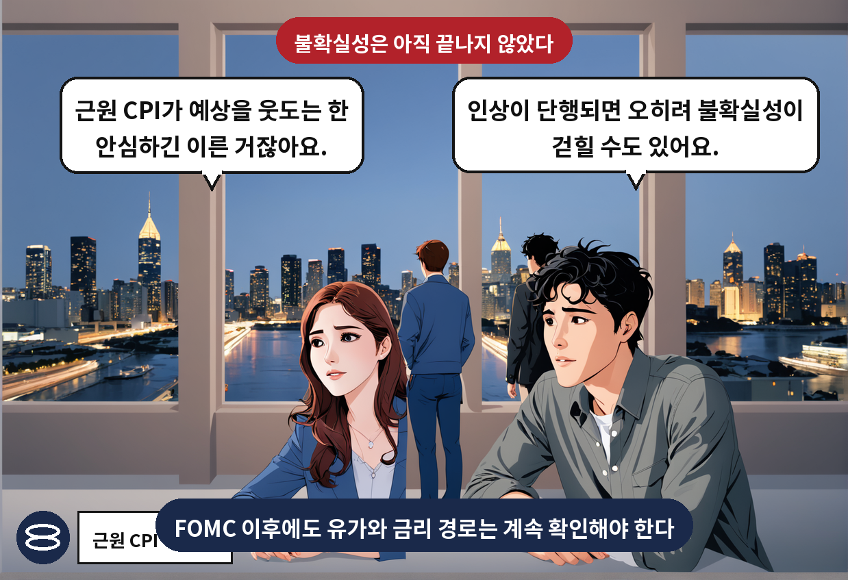 B: 인상이 단행되면 오히려 불확실성이 걷힐 수도 있어요. A: 근원 CPI가 예상을 웃도는 한 안심하긴 이른 거잖아요.