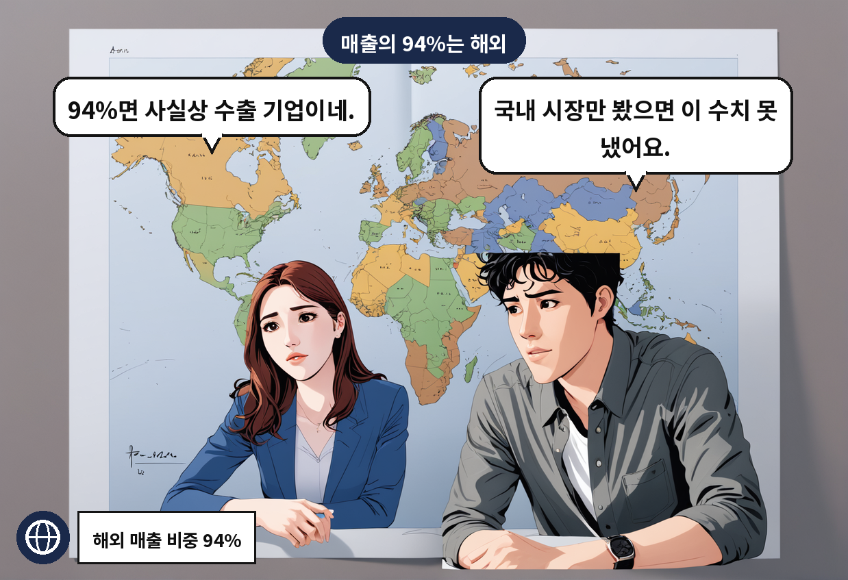 A: 국내 시장만 봤으면 이 수치 못 냈어요. B: 94%면 사실상 수출 기업이네.