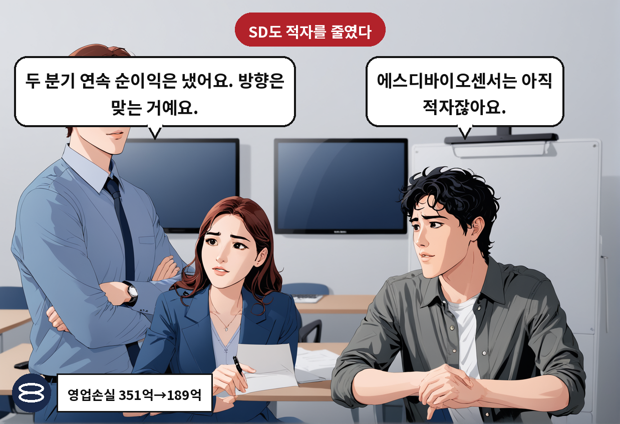 B: 에스디바이오센서는 아직 적자잖아요. A: 두 분기 연속 순이익은 냈어요. 방향은 맞는 거예요.