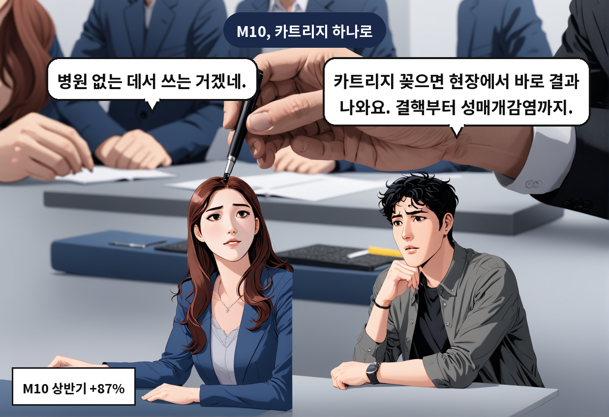A: 카트리지 꽂으면 현장에서 바로 결과 나와요. 결핵부터 성매개감염까지. B: 병원 없는 데서 쓰는 거겠네.