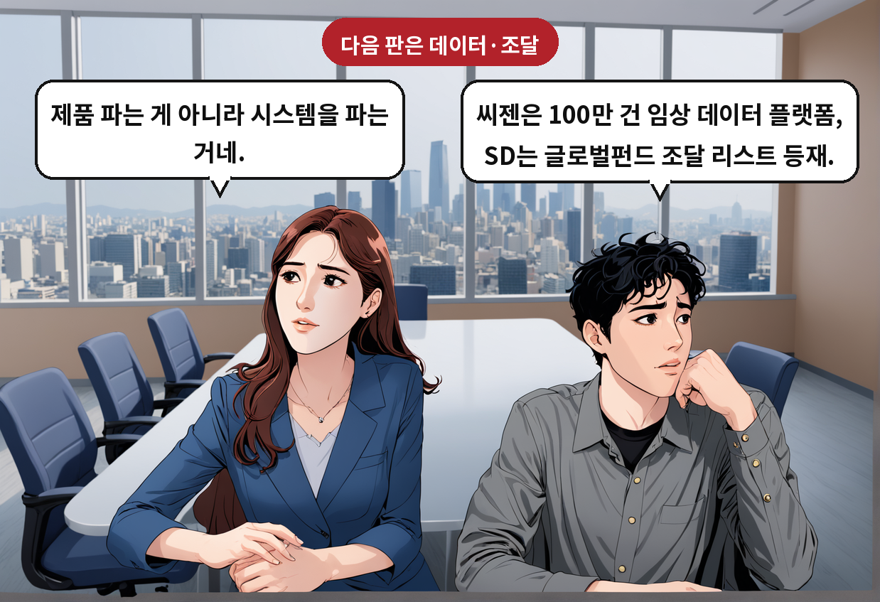 A: 씨젠은 100만 건 임상 데이터 플랫폼, SD는 글로벌펀드 조달 리스트 등재. B: 제품 파는 게 아니라 시스템을 파는 거네.