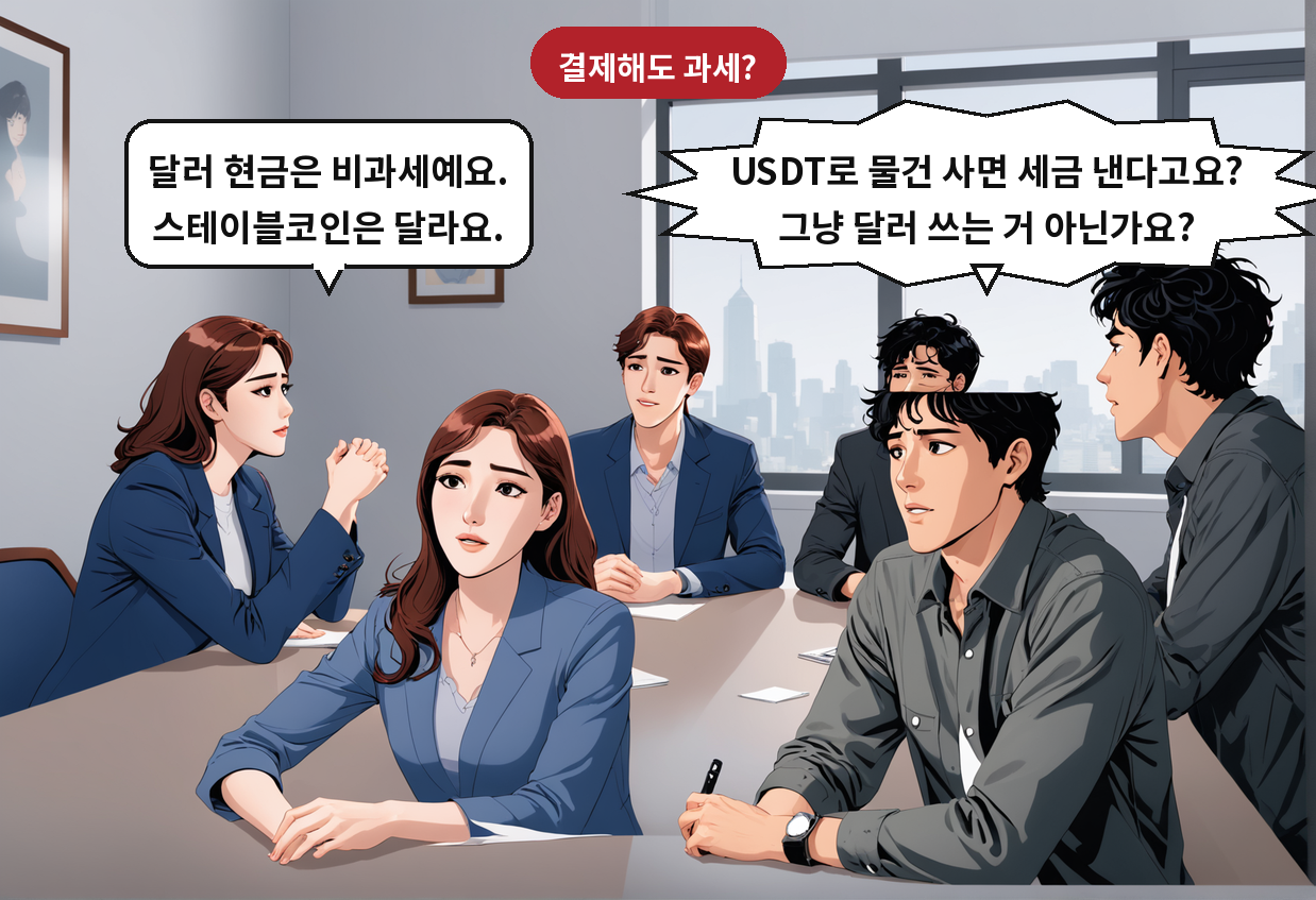 A: USDT로 물건 사면 세금 낸다고요? 그냥 달러 쓰는 거 아닌가요? B: 달러 현금은 비과세예요. 스테이블코인은 달라요.