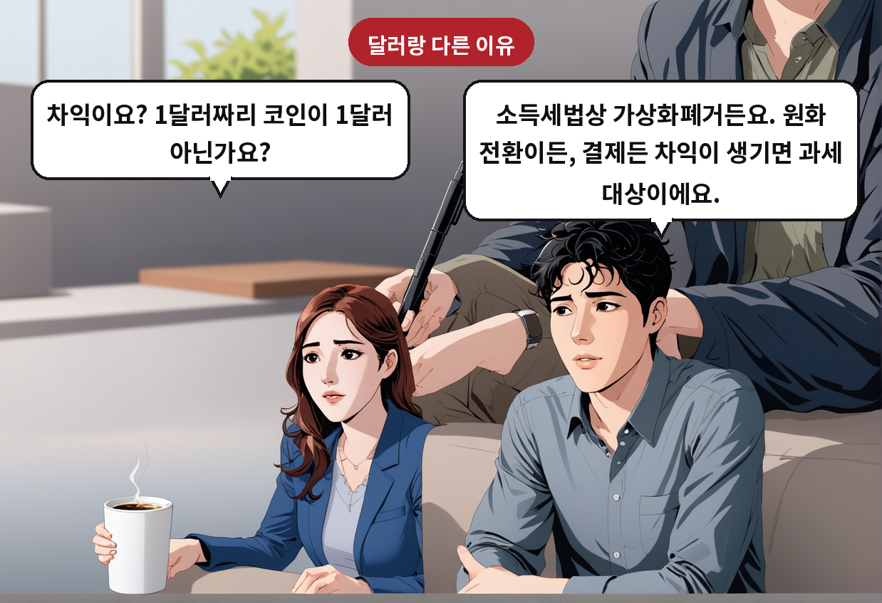 B: 소득세법상 가상화폐거든요. 원화 전환이든, 결제든 차익이 생기면 과세 대상이에요. A: 차익이요? 1달러짜리 코인이 1달러 아닌가요?