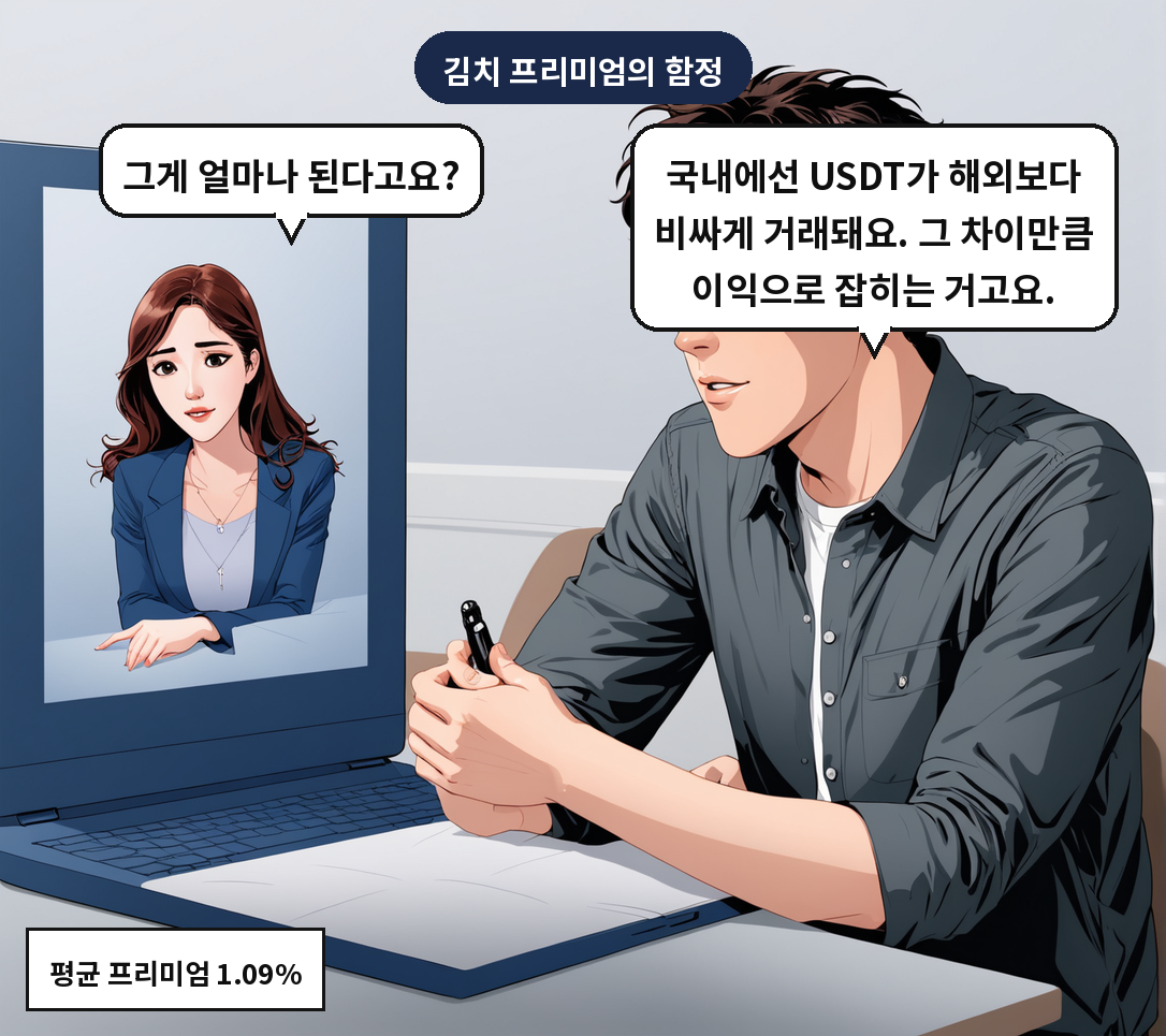 B: 국내에선 USDT가 해외보다 비싸게 거래돼요. 그 차이만큼 이익으로 잡히는 거고요. A: 그게 얼마나 된다고요?