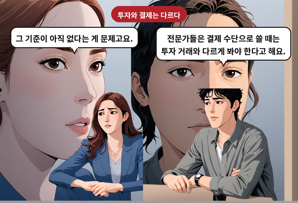 B: 전문가들은 결제 수단으로 쓸 때는 투자 거래와 다르게 봐야 한다고 해요. A: 그 기준이 아직 없다는 게 문제고요.