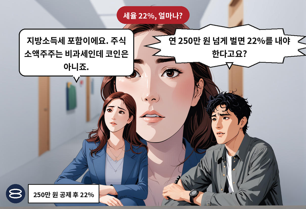 A: 연 250만 원 넘게 벌면 22%를 내야 한다고요? B: 지방소득세 포함이에요. 주식 소액주주는 비과세인데 코인은 아니죠.