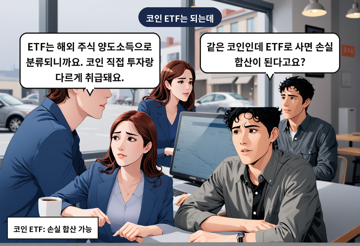 A: 같은 코인인데 ETF로 사면 손실 합산이 된다고요? B: ETF는 해외 주식 양도소득으로 분류되니까요. 코인 직접 투자랑 다르게 취급돼요.