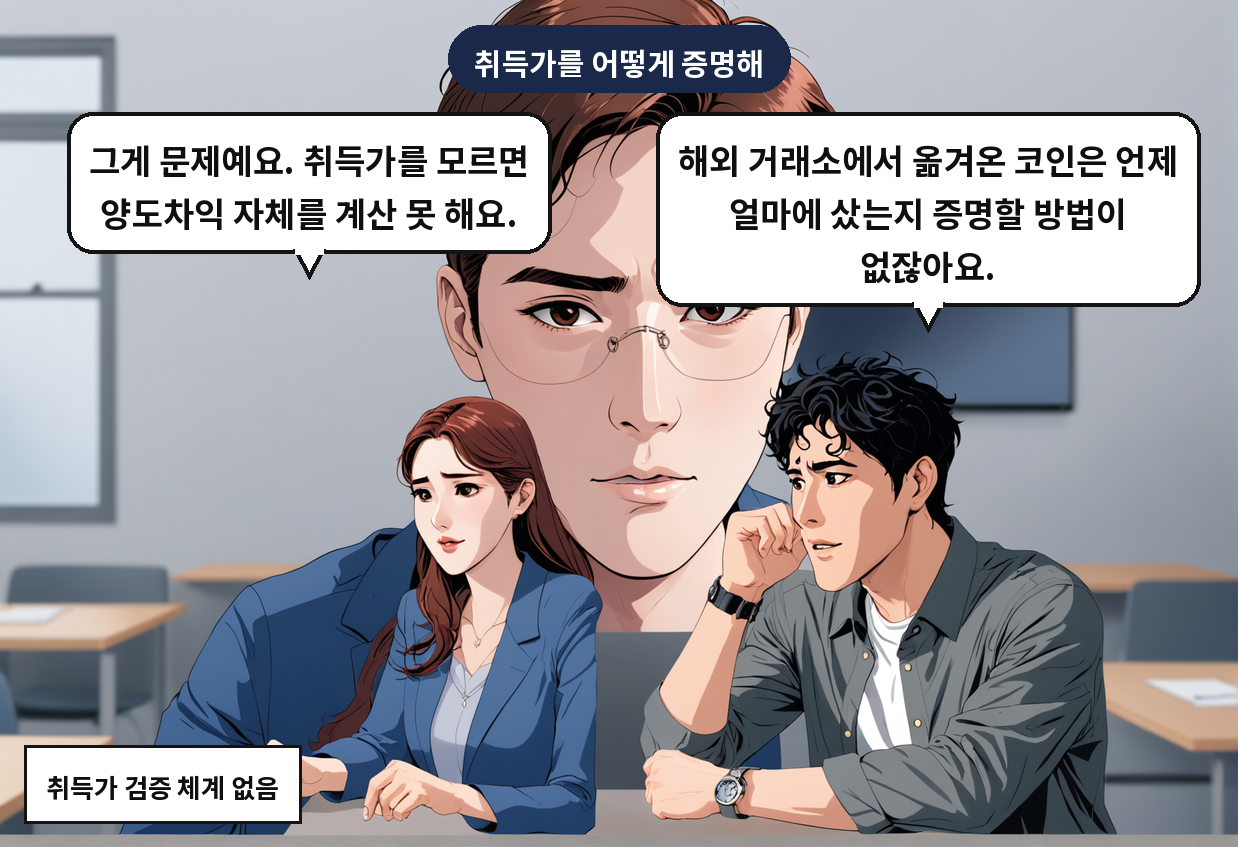 A: 해외 거래소에서 옮겨온 코인은 언제 얼마에 샀는지 증명할 방법이 없잖아요. B: 그게 문제예요. 취득가를 모르면 양도차익 자체를 계산 못 해요.