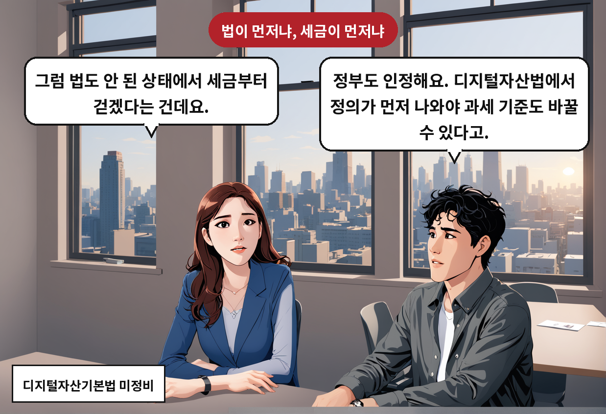 B: 정부도 인정해요. 디지털자산법에서 정의가 먼저 나와야 과세 기준도 바꿀 수 있다고. A: 그럼 법도 안 된 상태에서 세금부터 걷겠다는 건데요.
