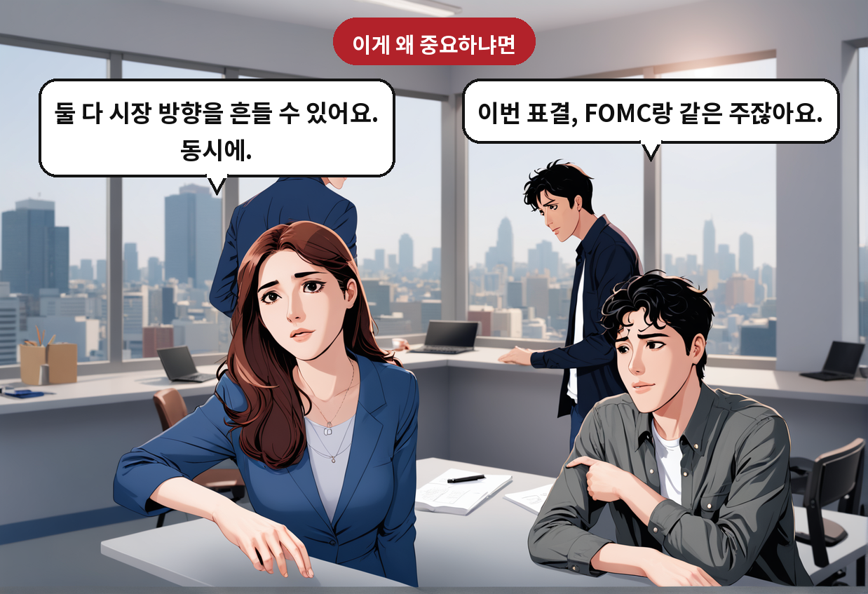 A: 이번 표결, FOMC랑 같은 주잖아요. B: 둘 다 시장 방향을 흔들 수 있어요. 동시에.