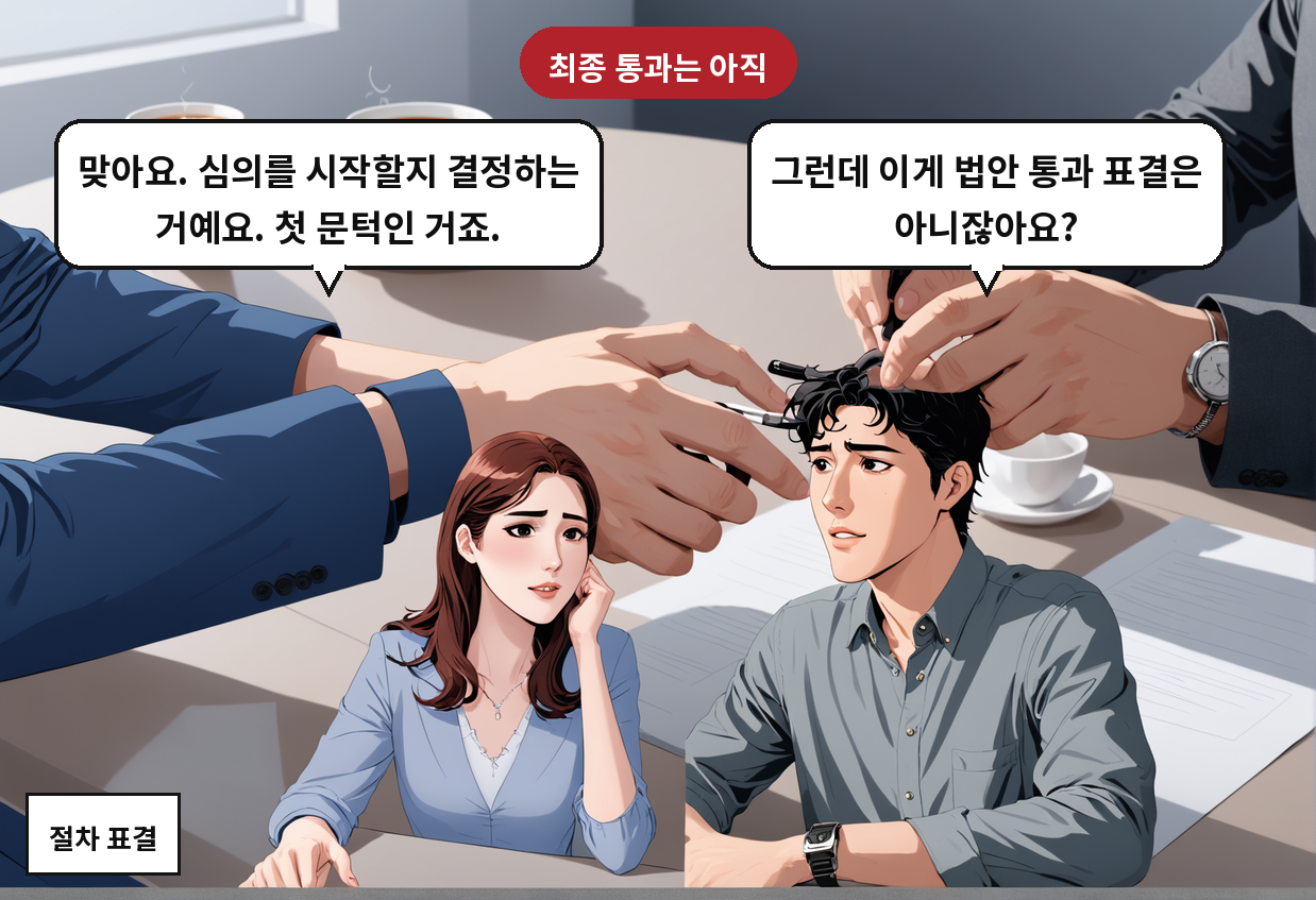 A: 그런데 이게 법안 통과 표결은 아니잖아요? B: 맞아요. 심의를 시작할지 결정하는 거예요. 첫 문턱인 거죠.