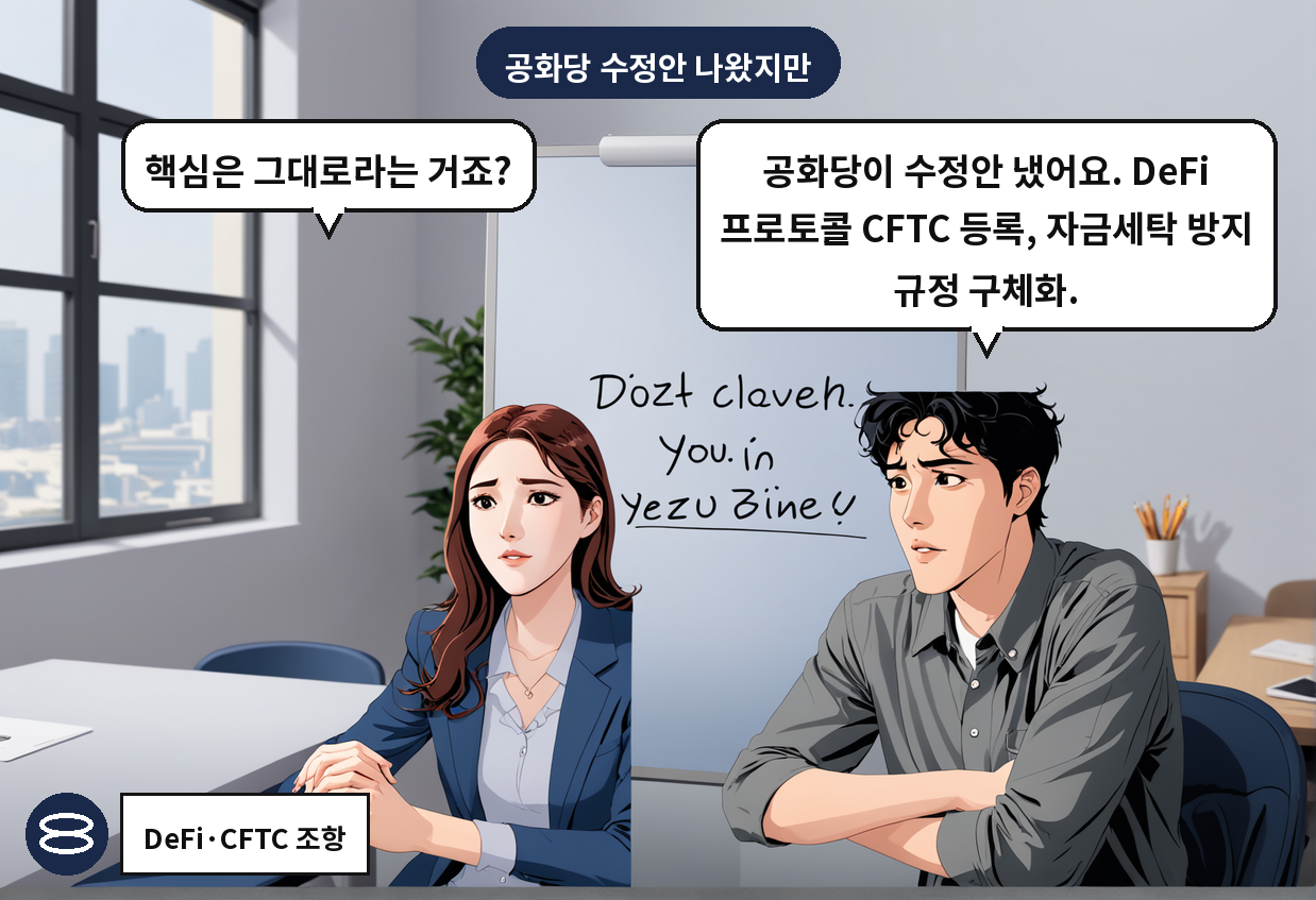 B: 공화당이 수정안 냈어요. DeFi 프로토콜 CFTC 등록, 자금세탁 방지 규정 구체화. A: 핵심은 그대로라는 거죠?