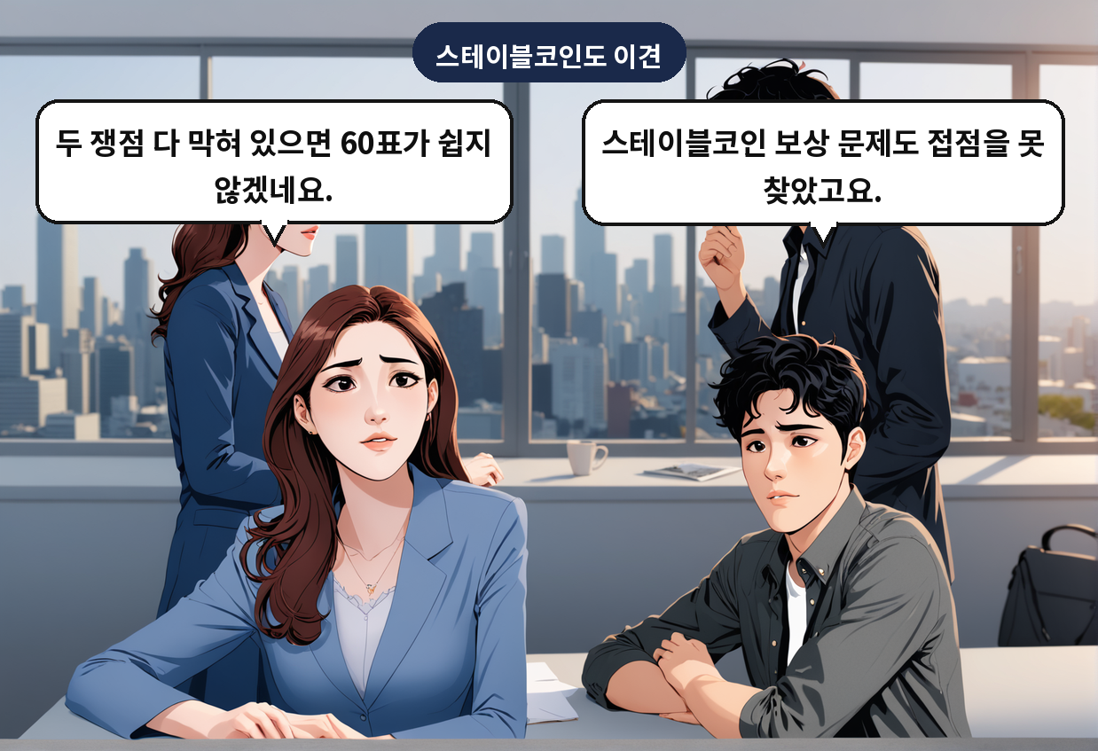 B: 스테이블코인 보상 문제도 접점을 못 찾았고요. A: 두 쟁점 다 막혀 있으면 60표가 쉽지 않겠네요.