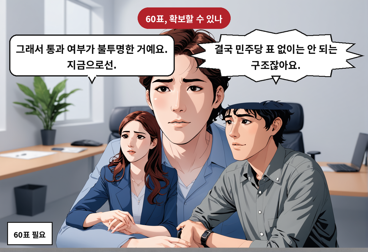 A: 결국 민주당 표 없이는 안 되는 구조잖아요. B: 그래서 통과 여부가 불투명한 거예요. 지금으로선.