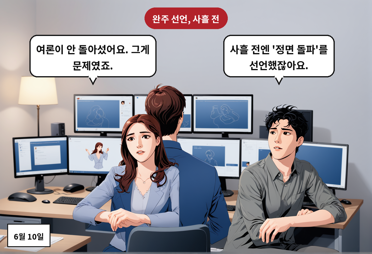 A: 사흘 전엔 '정면 돌파'를 선언했잖아요. B: 여론이 안 돌아섰어요. 그게 문제였죠.