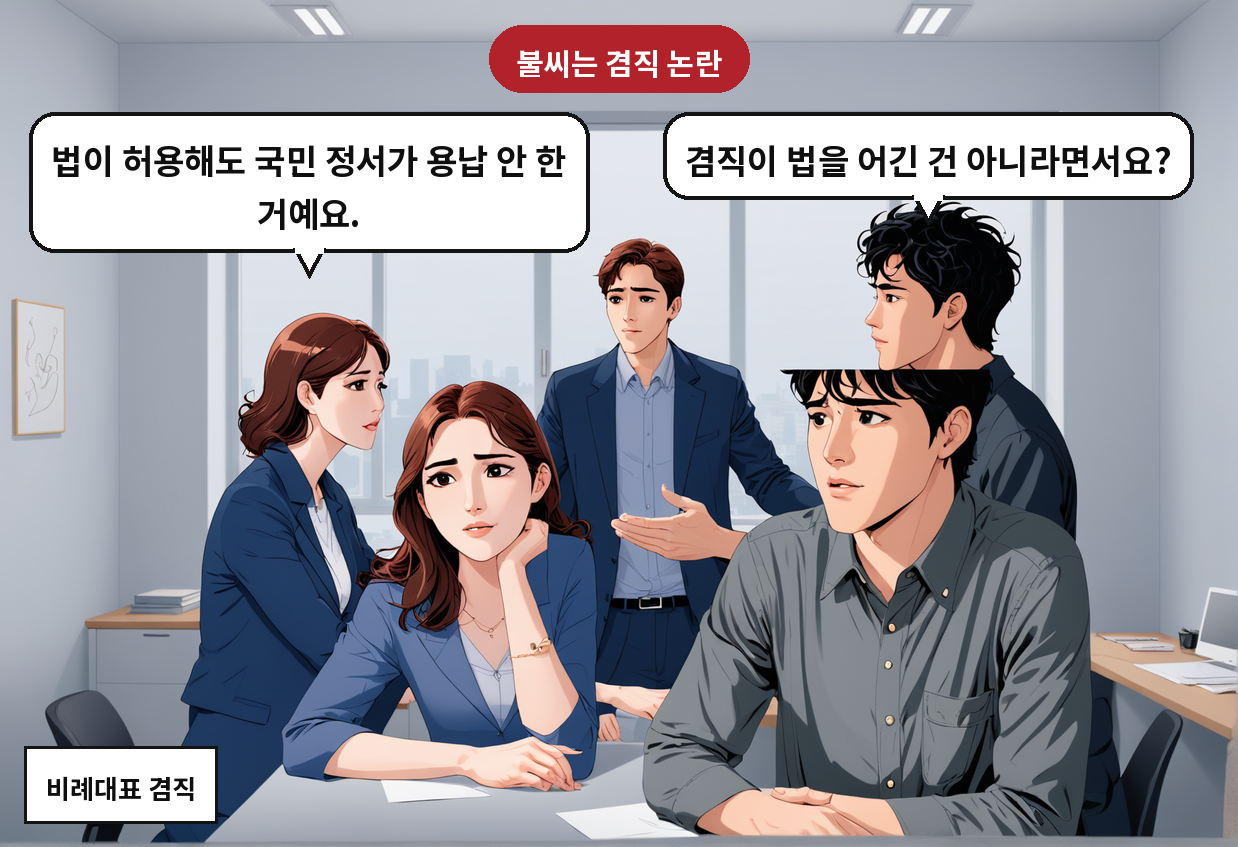 A: 겸직이 법을 어긴 건 아니라면서요? B: 법이 허용해도 국민 정서가 용납 안 한 거예요.