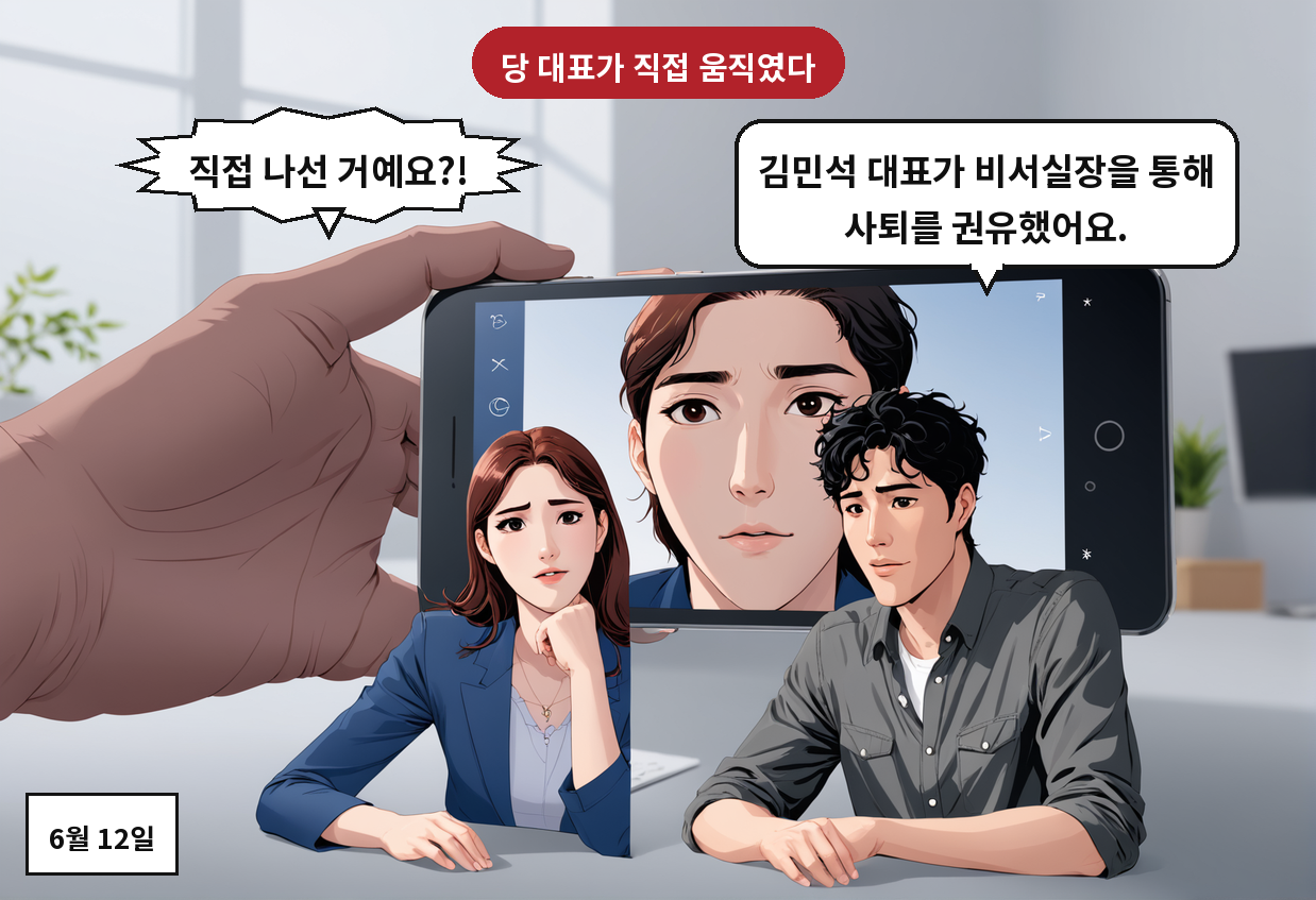 B: 김민석 대표가 비서실장을 통해 사퇴를 권유했어요. A: 직접 나선 거예요?!