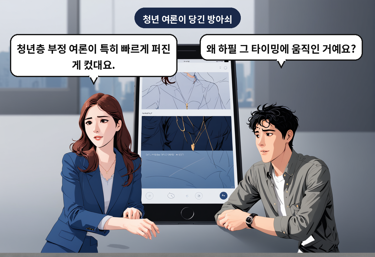 A: 왜 하필 그 타이밍에 움직인 거예요? B: 청년층 부정 여론이 특히 빠르게 퍼진 게 컸대요.