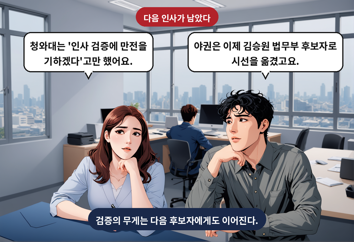 A: 야권은 이제 김승원 법무부 후보자로 시선을 옮겼고요. B: 청와대는 '인사 검증에 만전을 기하겠다'고만 했어요.