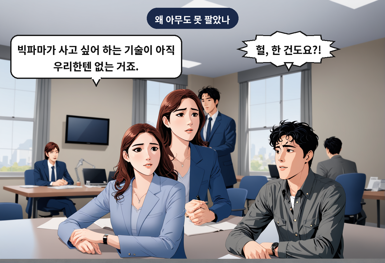 A: 헐, 한 건도요?! B: 빅파마가 사고 싶어 하는 기술이 아직 우리한텐 없는 거죠.