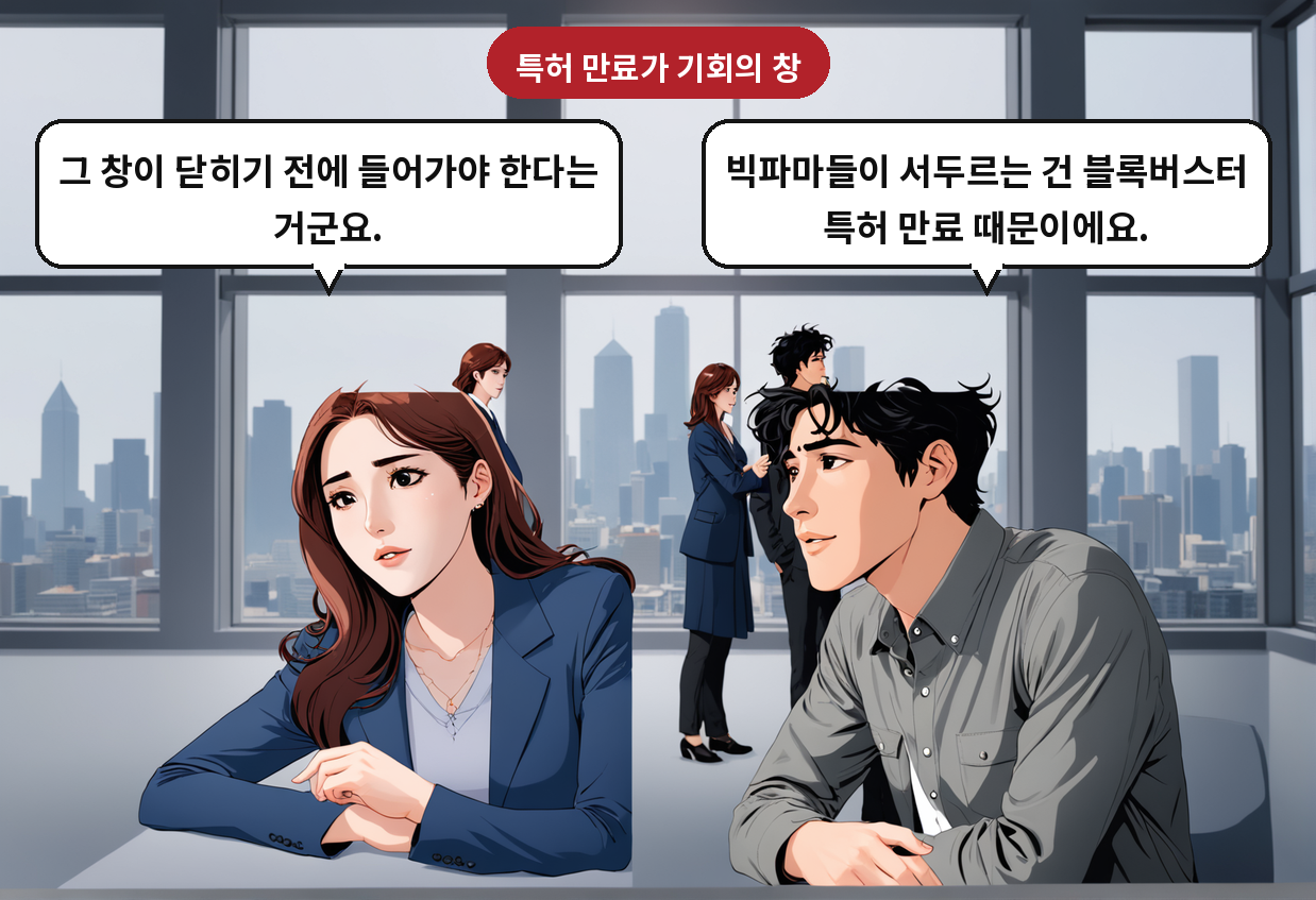 B: 빅파마들이 서두르는 건 블록버스터 특허 만료 때문이에요. A: 그 창이 닫히기 전에 들어가야 한다는 거군요.