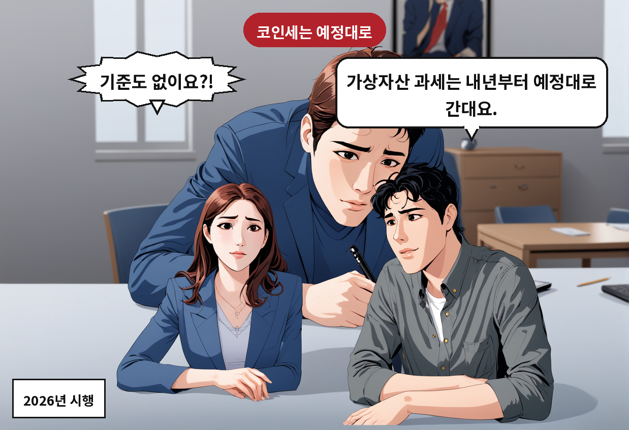 B: 가상자산 과세는 내년부터 예정대로 간대요. A: 기준도 없이요?!