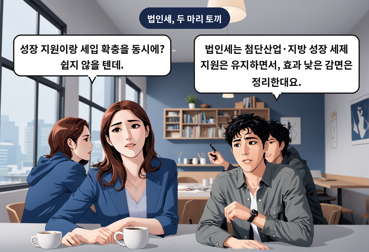 B: 법인세는 첨단산업·지방 성장 세제 지원은 유지하면서, 효과 낮은 감면은 정리한대요. A: 성장 지원이랑 세입 확충을 동시에? 쉽지 않을 텐데.