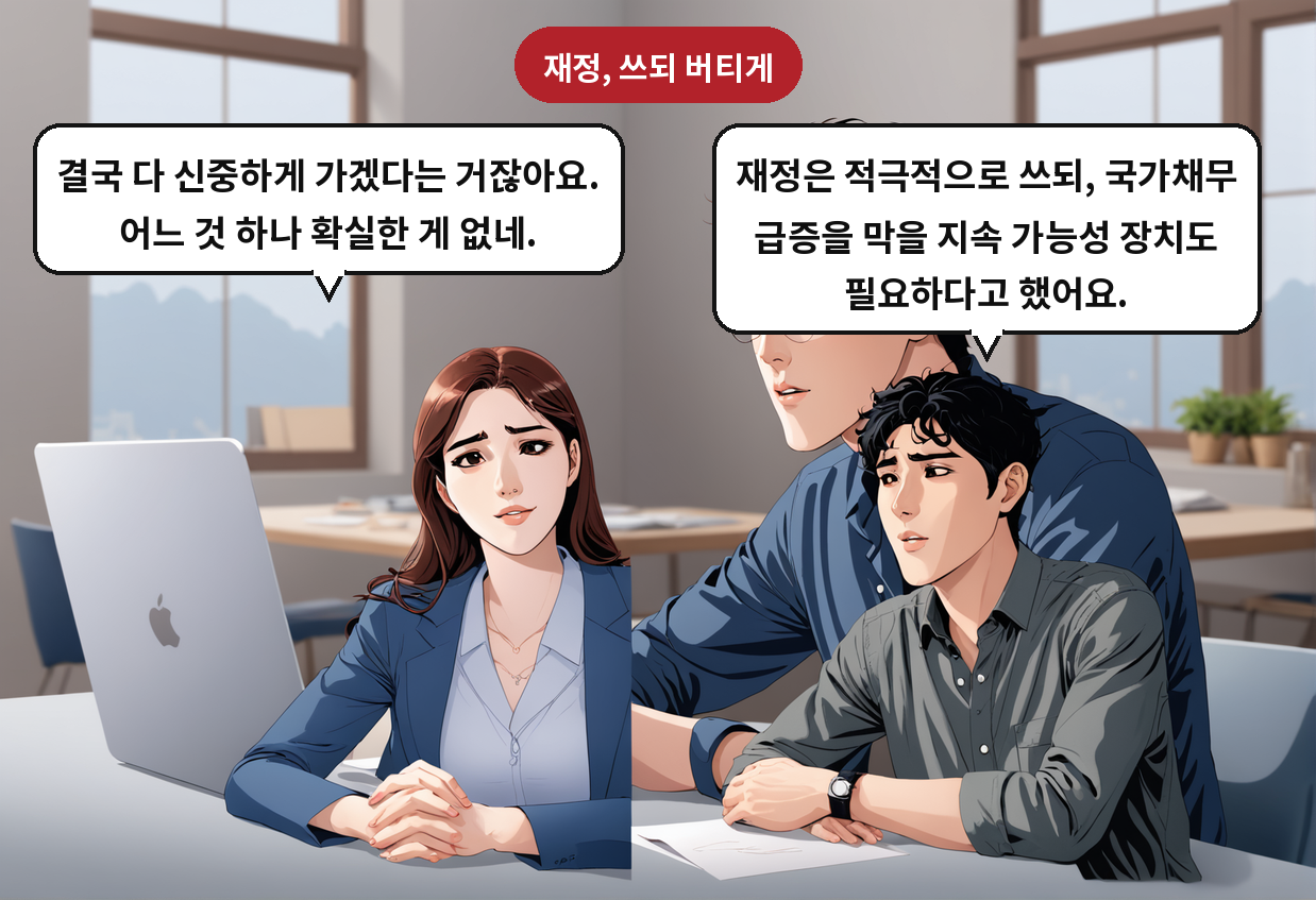 B: 재정은 적극적으로 쓰되, 국가채무 급증을 막을 지속 가능성 장치도 필요하다고 했어요. A: 결국 다 신중하게 가겠다는 거잖아요. 어느 것 하나 확실한 게 없네.
