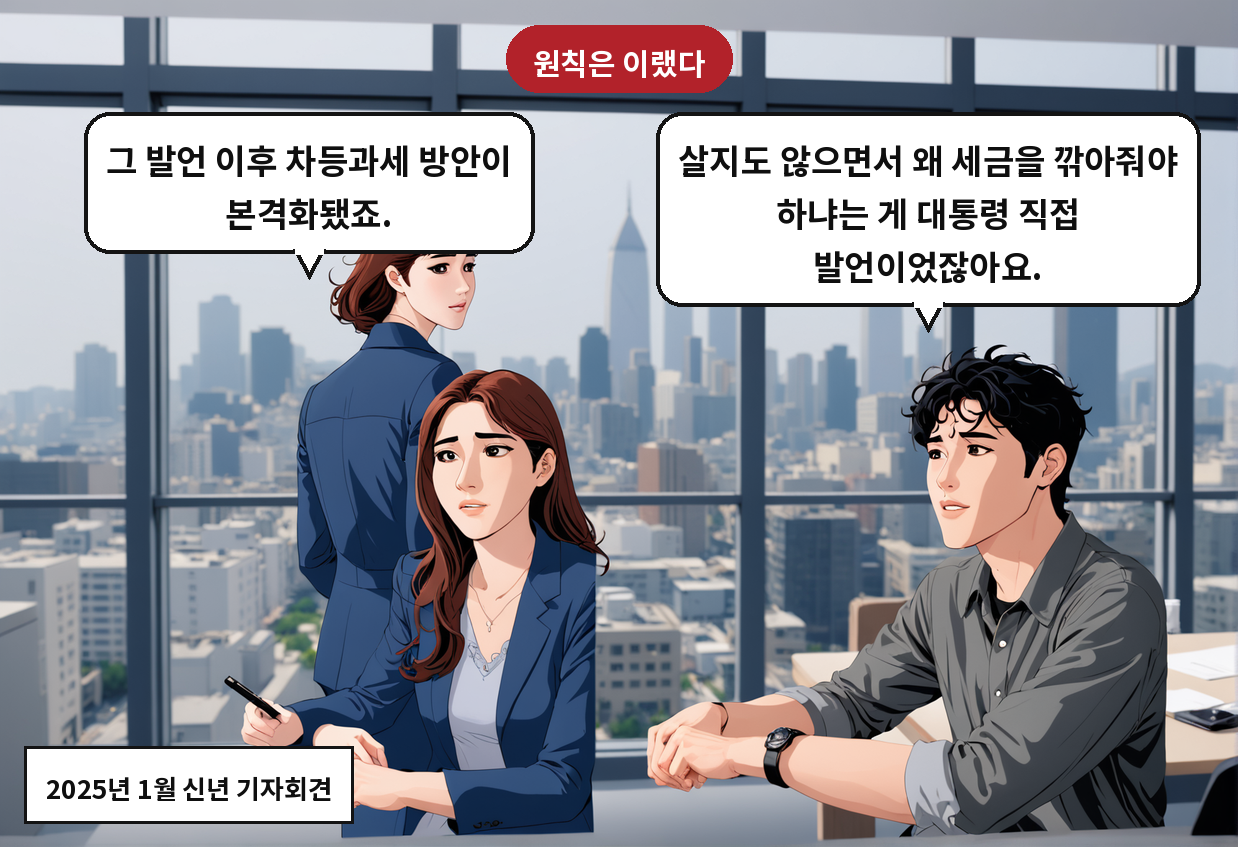 A: 살지도 않으면서 왜 세금을 깎아줘야 하냐는 게 대통령 직접 발언이었잖아요. B: 그 발언 이후 차등과세 방안이 본격화됐죠.