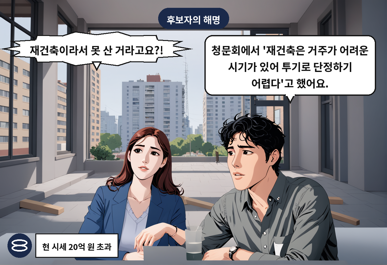 B: 청문회에서 '재건축은 거주가 어려운 시기가 있어 투기로 단정하기 어렵다'고 했어요. A: 재건축이라서 못 산 거라고요?!