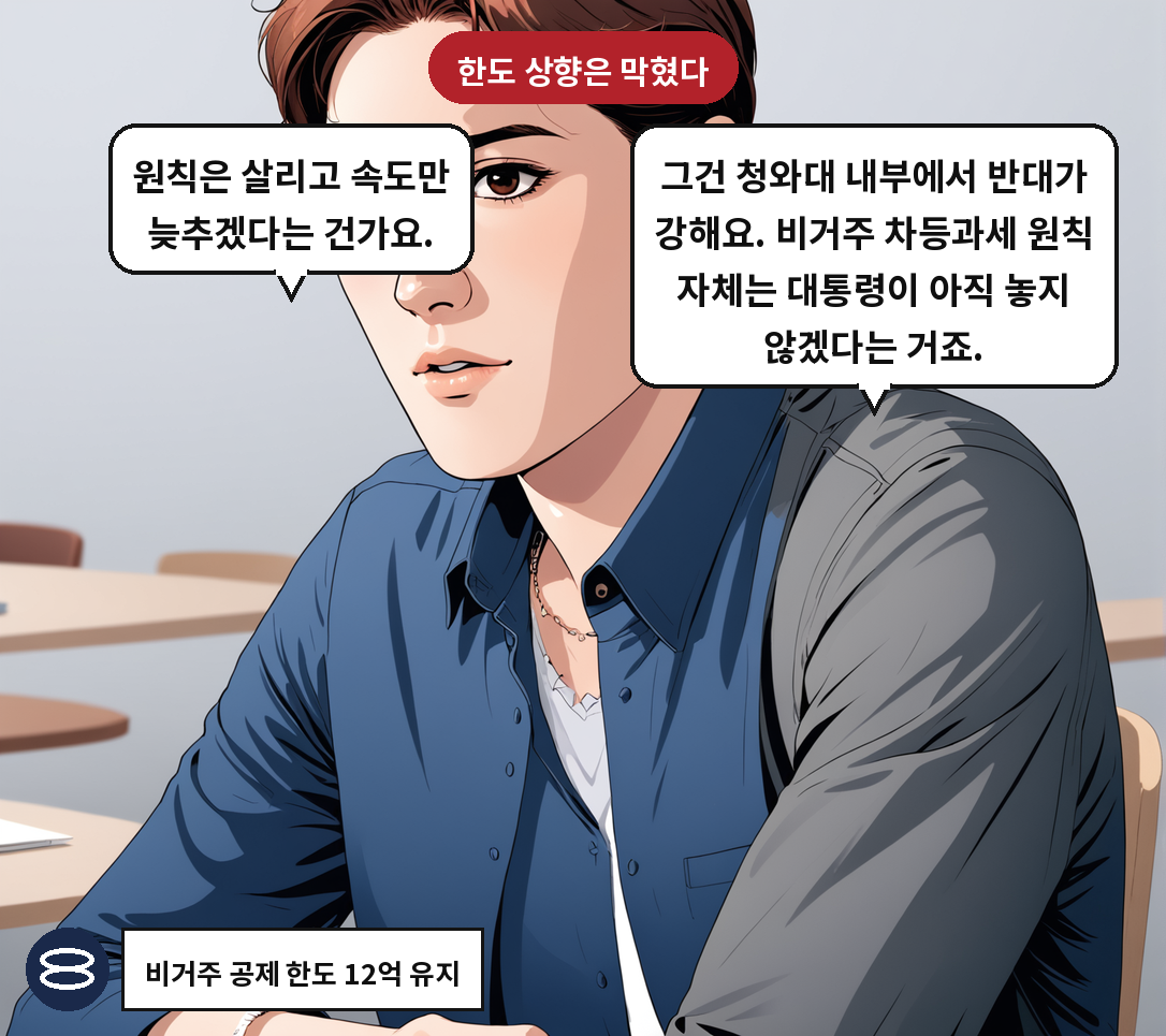 B: 그건 청와대 내부에서 반대가 강해요. 비거주 차등과세 원칙 자체는 대통령이 아직 놓지 않겠다는 거죠. A: 원칙은 살리고 속도만 늦추겠다는 건가요.