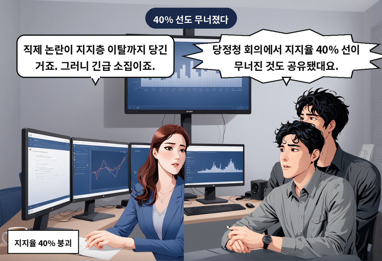 A: 당정청 회의에서 지지율 40% 선이 무너진 것도 공유됐대요. B: 직제 논란이 지지층 이탈까지 당긴 거죠. 그러니 긴급 소집이죠.
