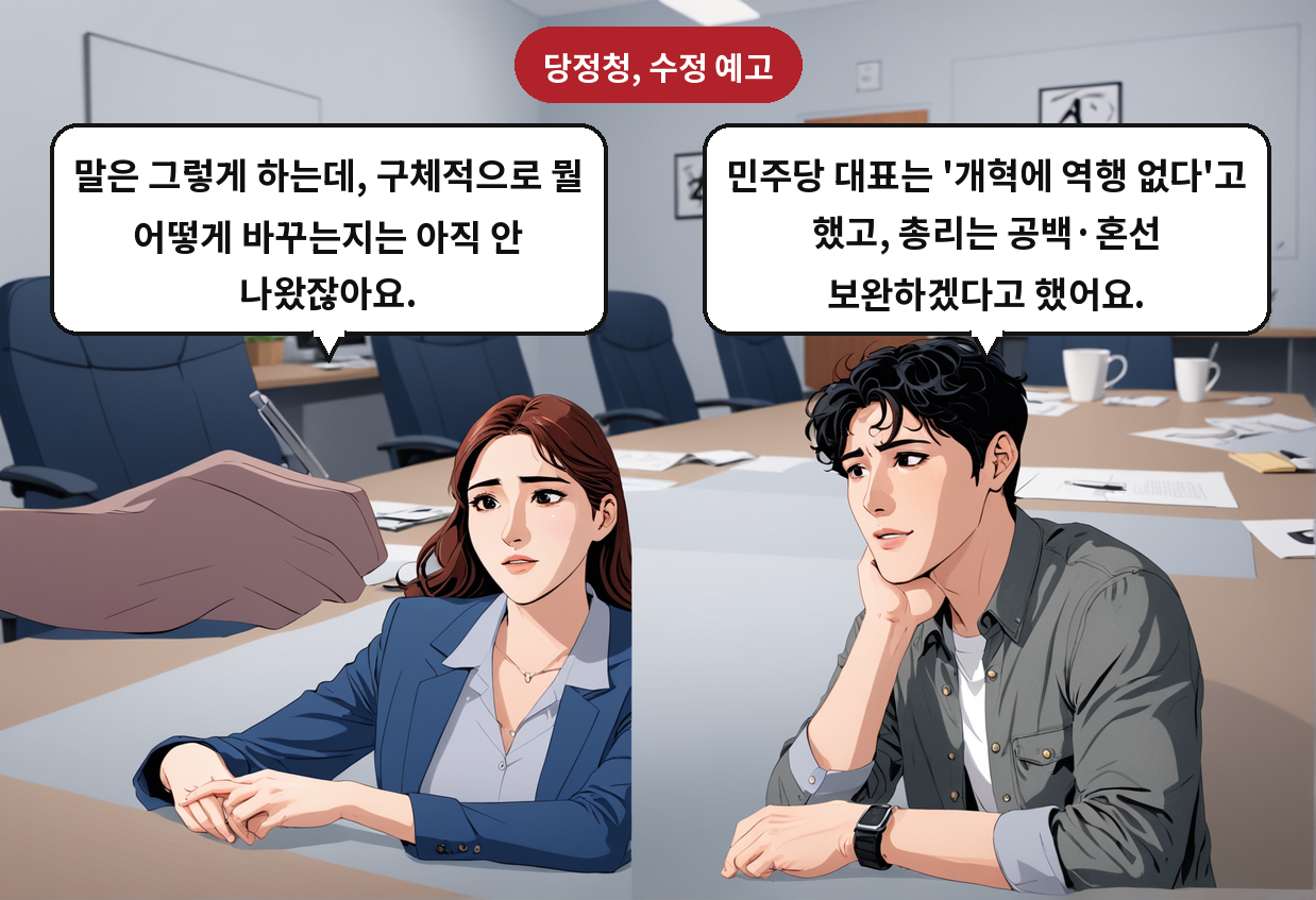 B: 민주당 대표는 '개혁에 역행 없다'고 했고, 총리는 공백·혼선 보완하겠다고 했어요. A: 말은 그렇게 하는데, 구체적으로 뭘 어떻게 바꾸는지는 아직 안 나왔잖아요.