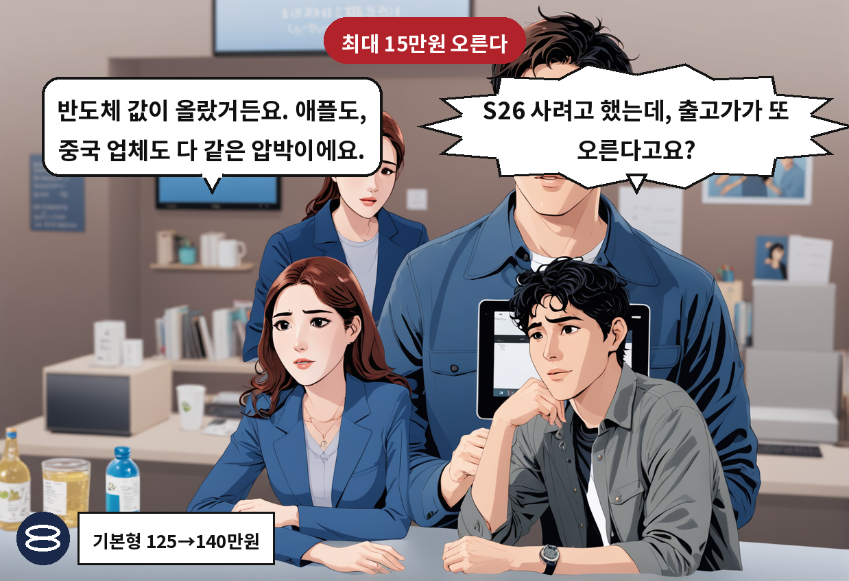 A: S26 사려고 했는데, 출고가가 또 오른다고요? B: 반도체 값이 올랐거든요. 애플도, 중국 업체도 다 같은 압박이에요.
