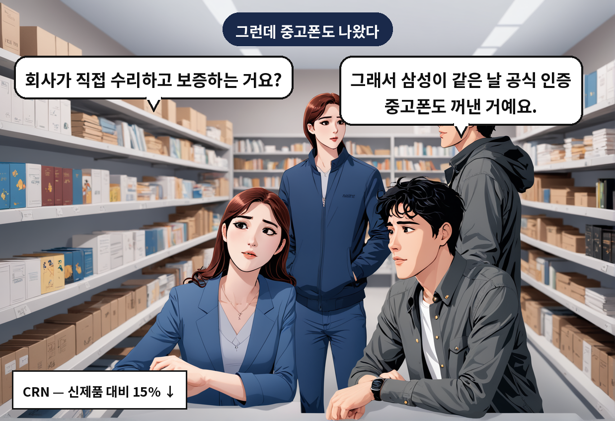 B: 그래서 삼성이 같은 날 공식 인증 중고폰도 꺼낸 거예요. A: 회사가 직접 수리하고 보증하는 거요?