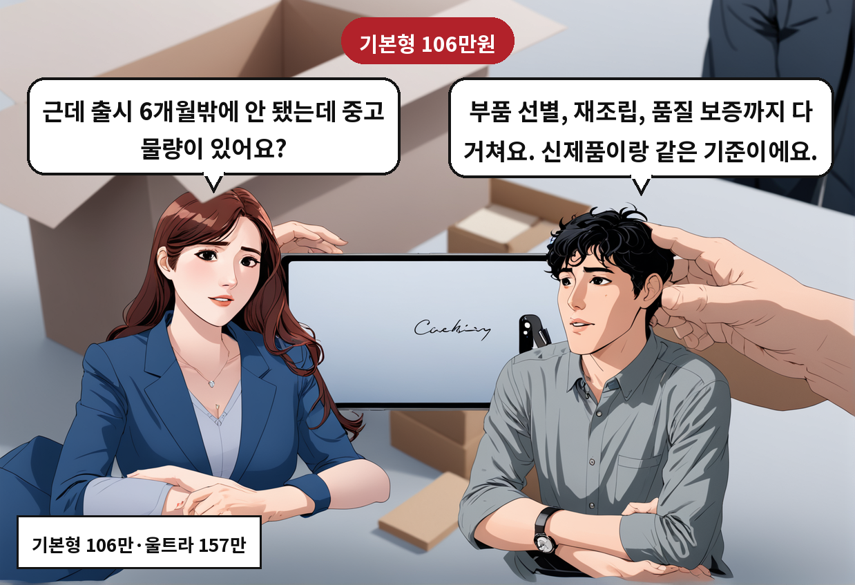 B: 부품 선별, 재조립, 품질 보증까지 다 거쳐요. 신제품이랑 같은 기준이에요. A: 근데 출시 6개월밖에 안 됐는데 중고 물량이 있어요?