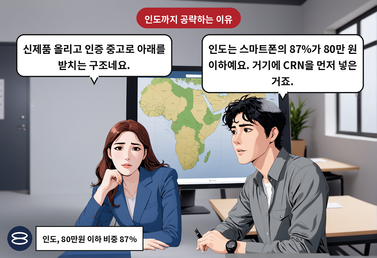 B: 인도는 스마트폰의 87%가 80만 원 이하예요. 거기에 CRN을 먼저 넣은 거죠. A: 신제품 올리고 인증 중고로 아래를 받치는 구조네요.