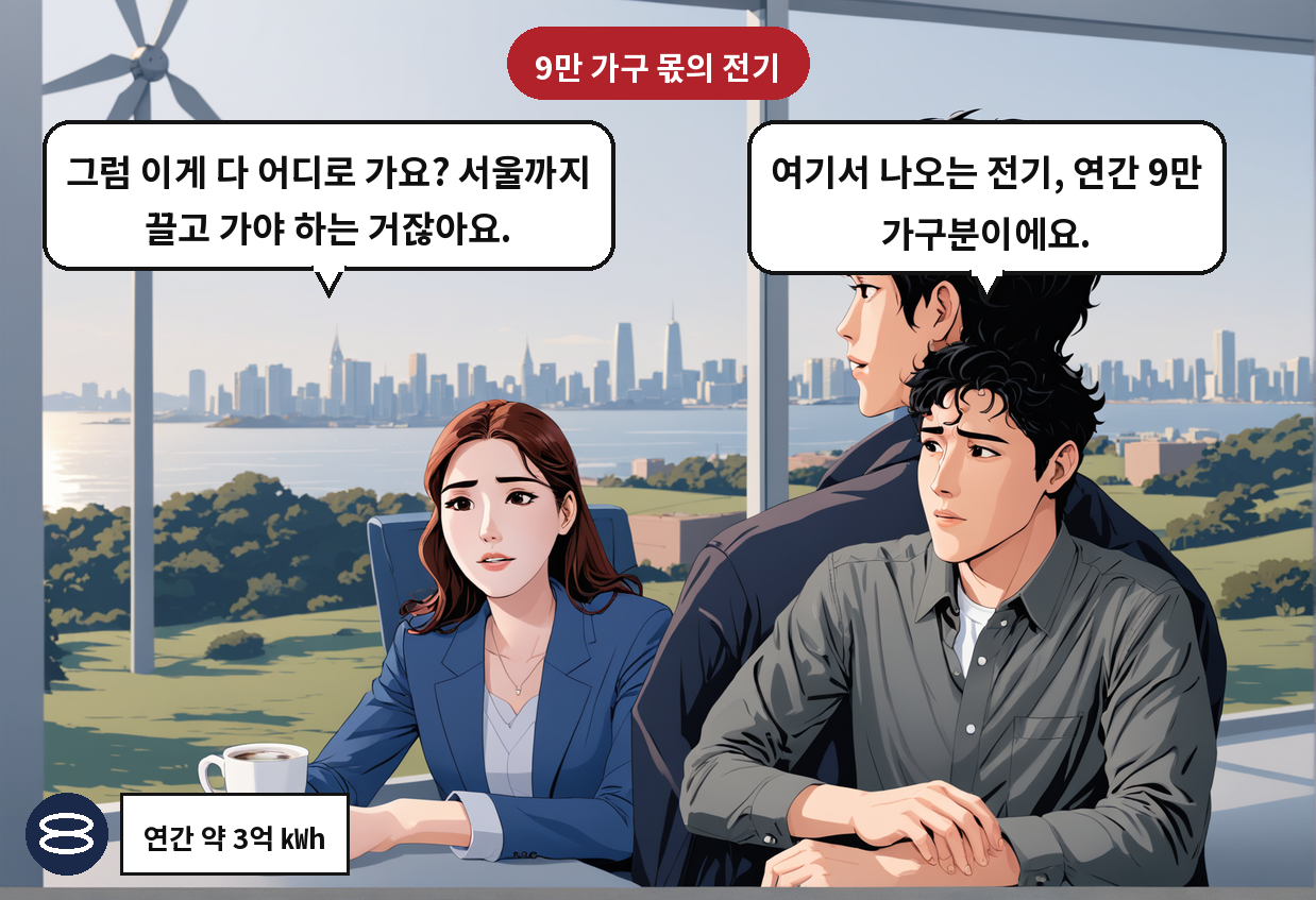 B: 여기서 나오는 전기, 연간 9만 가구분이에요. A: 그럼 이게 다 어디로 가요? 서울까지 끌고 가야 하는 거잖아요.