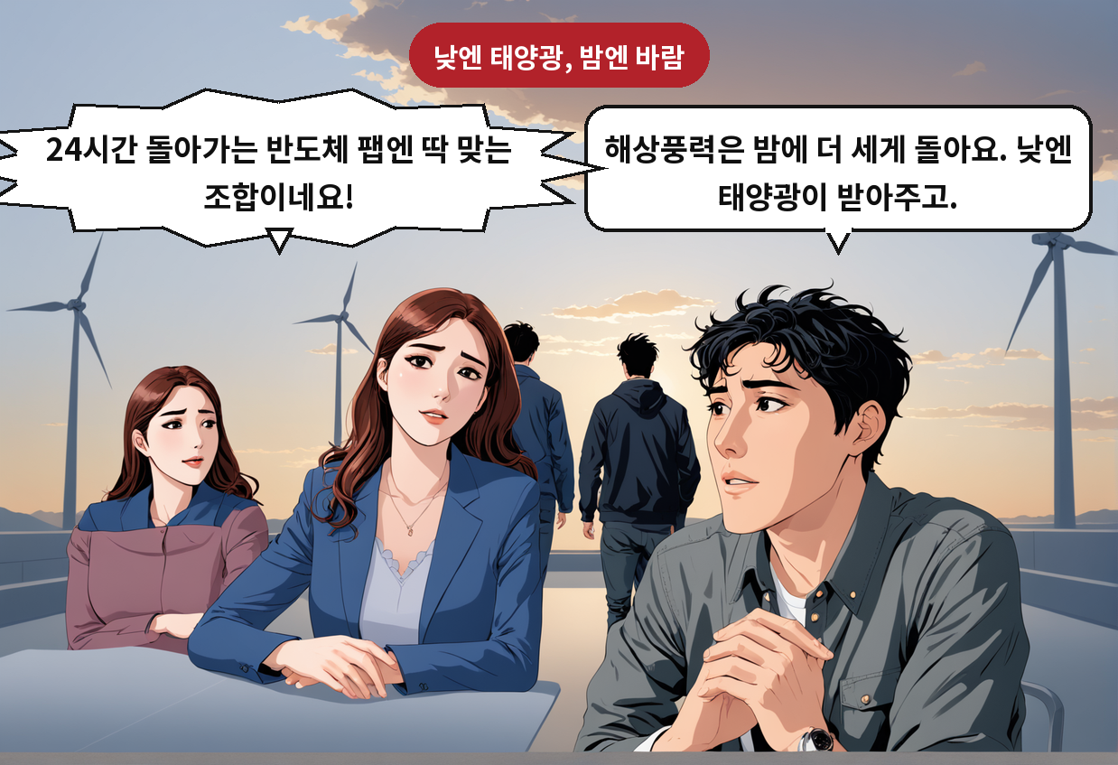 B: 해상풍력은 밤에 더 세게 돌아요. 낮엔 태양광이 받아주고. A: 24시간 돌아가는 반도체 팹엔 딱 맞는 조합이네요!
