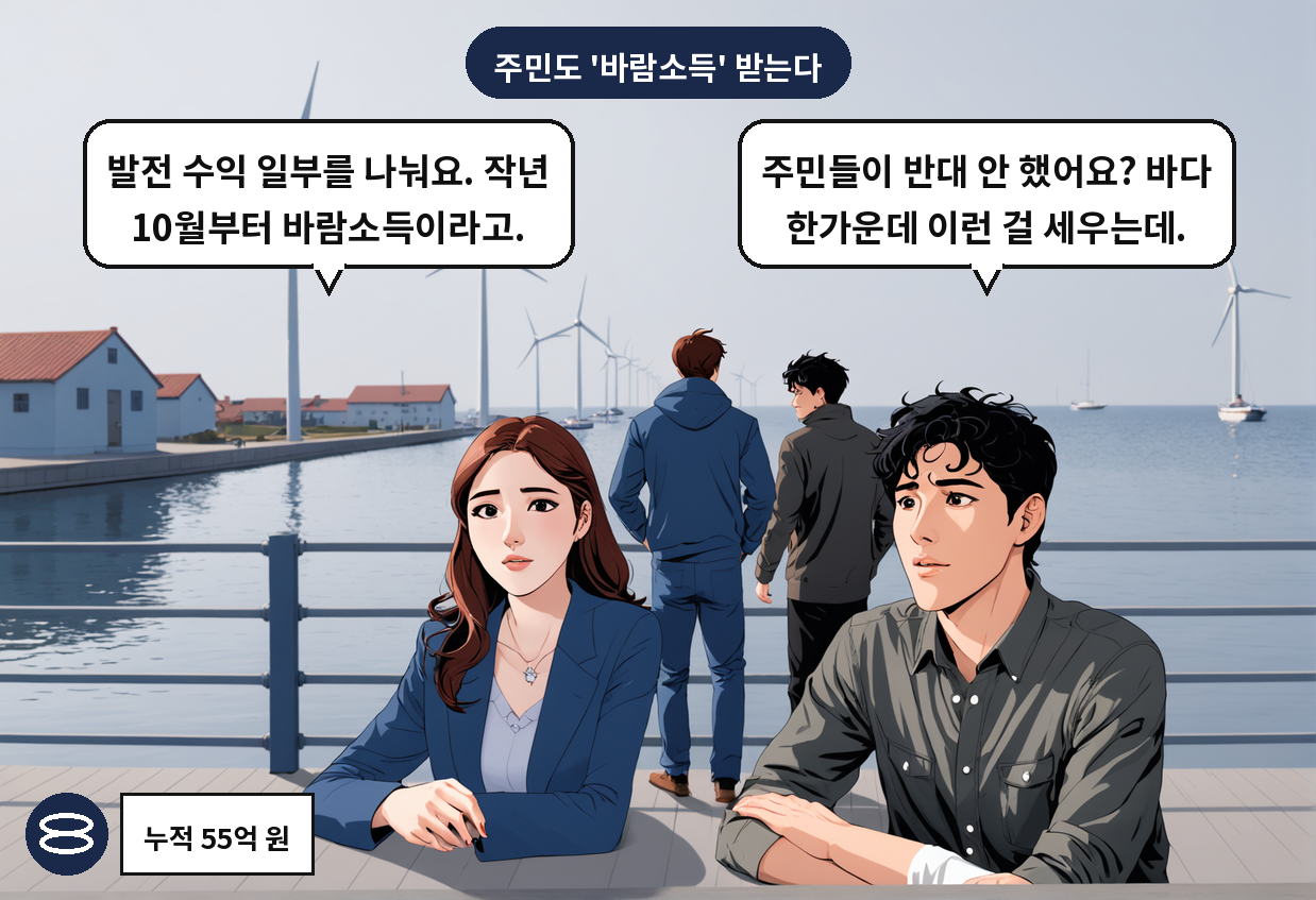 A: 주민들이 반대 안 했어요? 바다 한가운데 이런 걸 세우는데. B: 발전 수익 일부를 나눠요. 작년 10월부터 바람소득이라고.