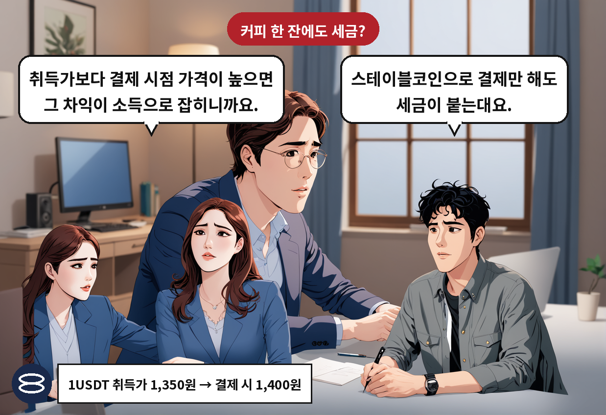 A: 스테이블코인으로 결제만 해도 세금이 붙는대요. B: 취득가보다 결제 시점 가격이 높으면 그 차익이 소득으로 잡히니까요.
