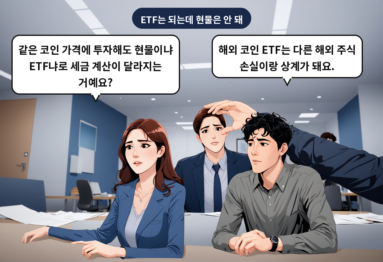 B: 해외 코인 ETF는 다른 해외 주식 손실이랑 상계가 돼요. A: 같은 코인 가격에 투자해도 현물이냐 ETF냐로 세금 계산이 달라지는 거예요?
