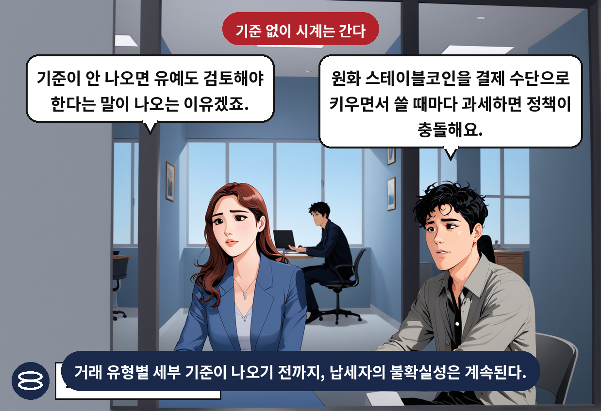 B: 원화 스테이블코인을 결제 수단으로 키우면서 쓸 때마다 과세하면 정책이 충돌해요. A: 기준이 안 나오면 유예도 검토해야 한다는 말이 나오는 이유겠죠.