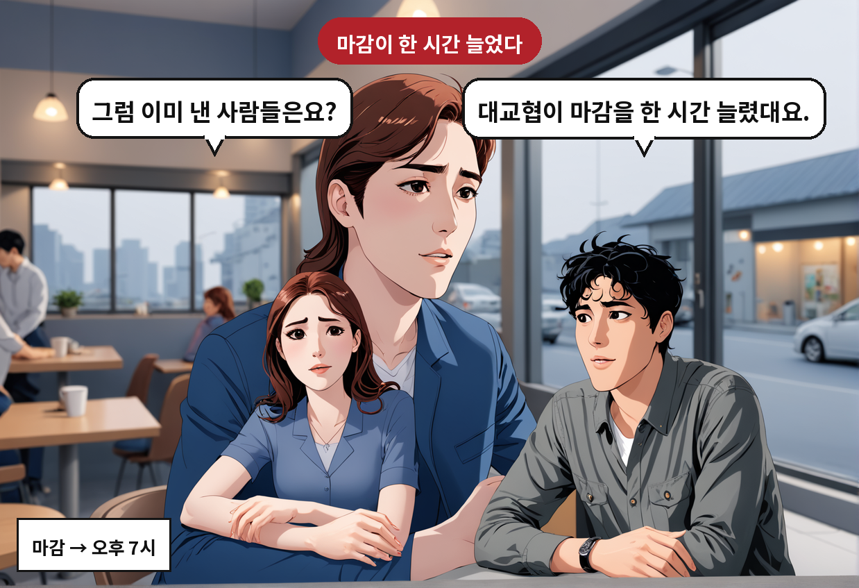 B: 대교협이 마감을 한 시간 늘렸대요. A: 그럼 이미 낸 사람들은요?