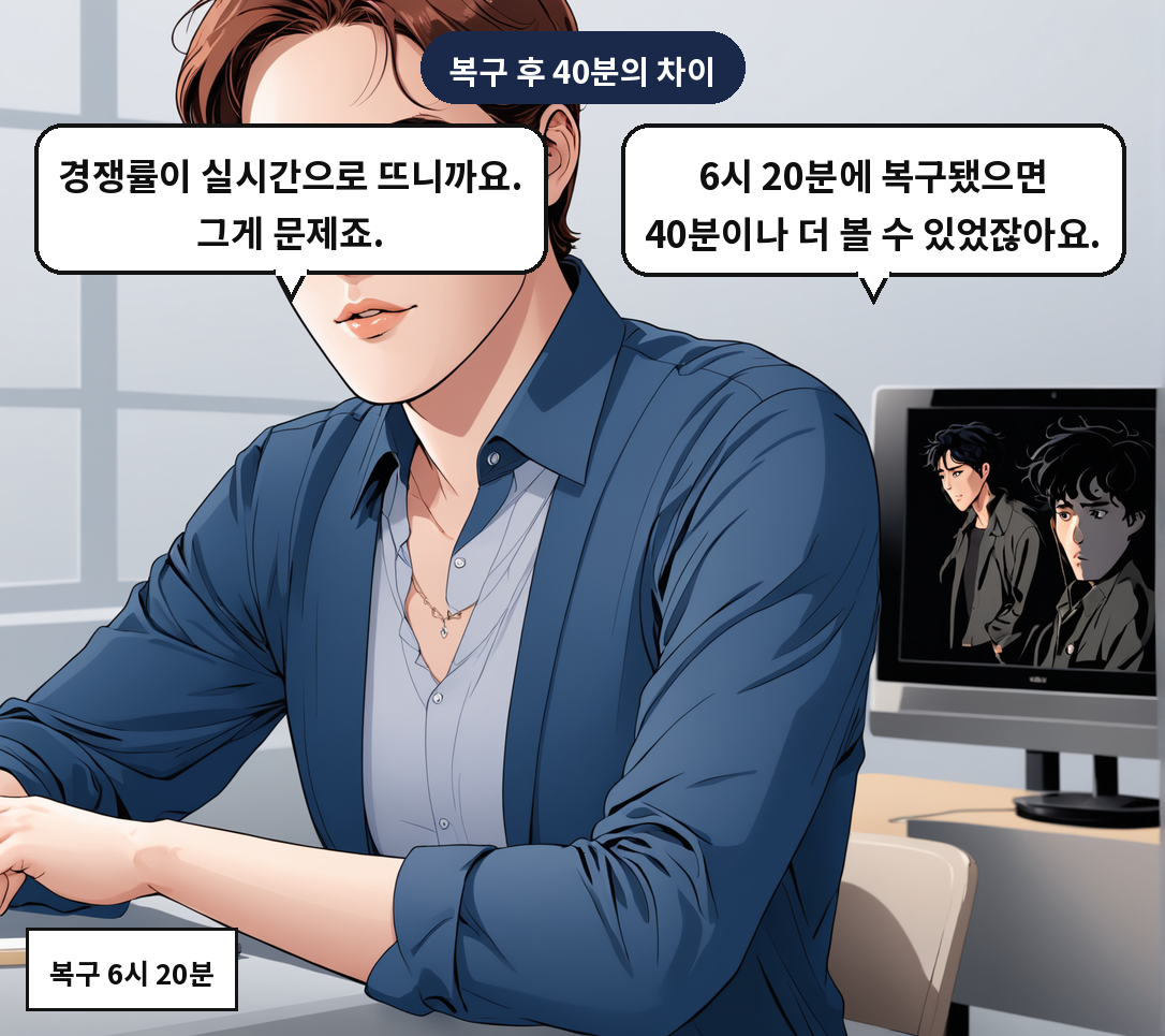 A: 6시 20분에 복구됐으면 40분이나 더 볼 수 있었잖아요. B: 경쟁률이 실시간으로 뜨니까요. 그게 문제죠.