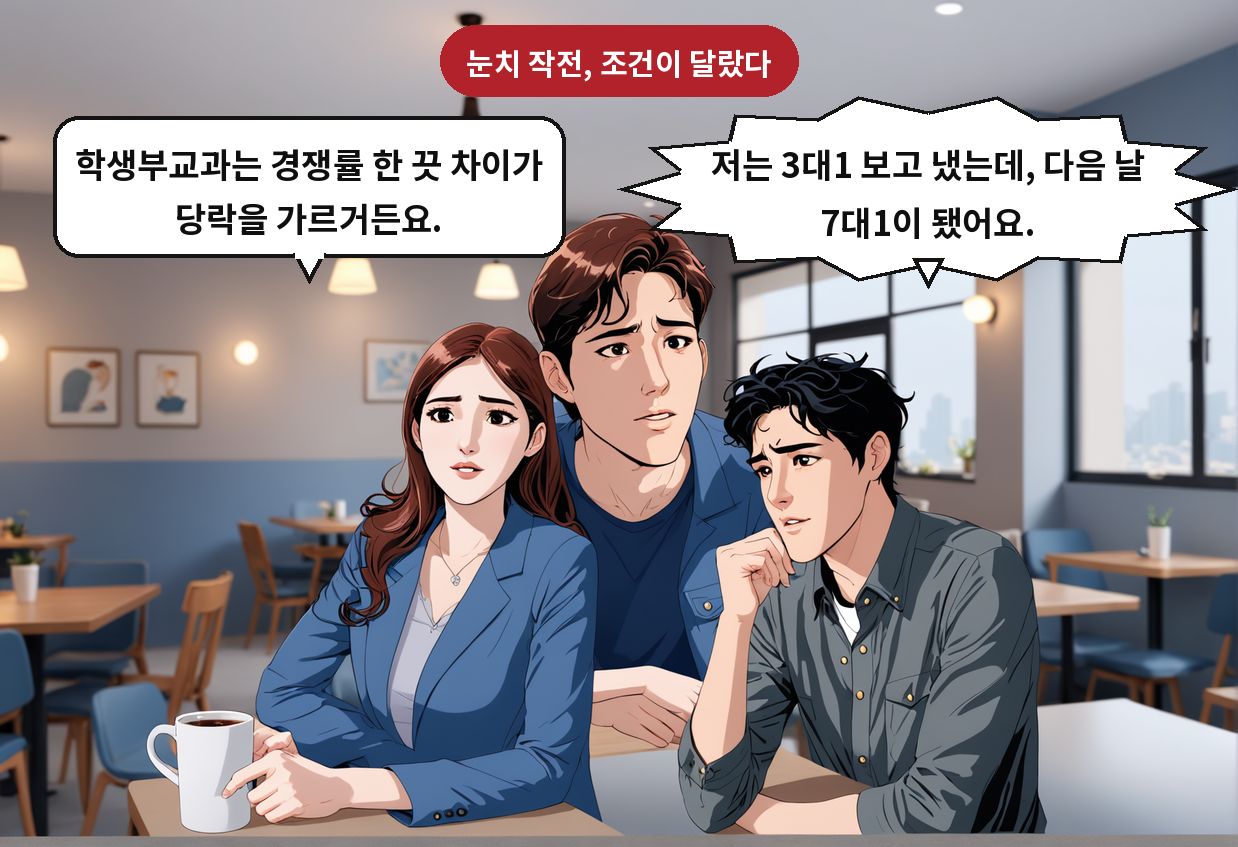 A: 저는 3대1 보고 냈는데, 다음 날 7대1이 됐어요. B: 학생부교과는 경쟁률 한 끗 차이가 당락을 가르거든요.